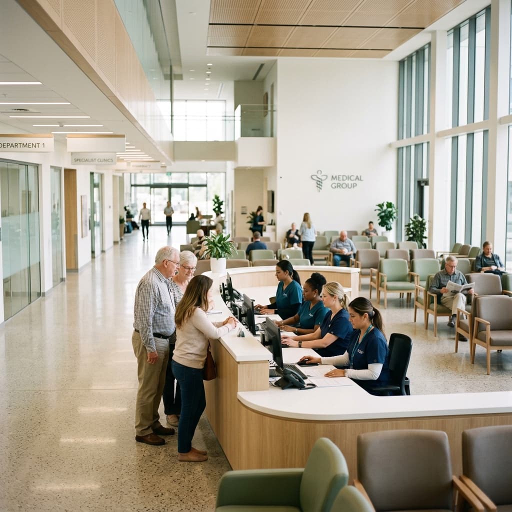 Bright reception lobby of a modern multi-site health system — staff helping patients at a central desk
