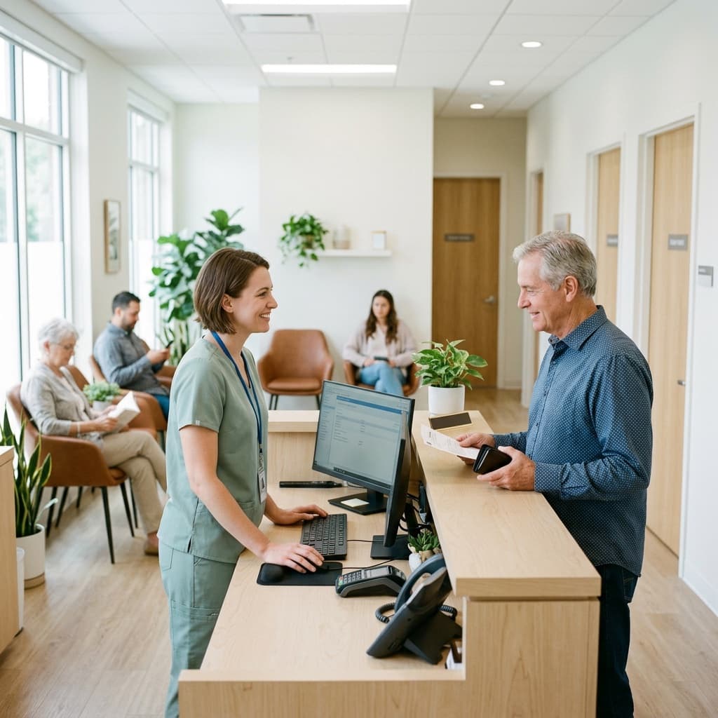 Front desk of a modern mid-size medical practice — a receptionist helping a patient check in